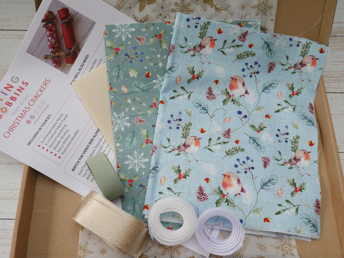 Reversible Fabric Crackers Kit - Frosty Robins (x4)-Sewing Kit-Flying Bobbins Haberdashery