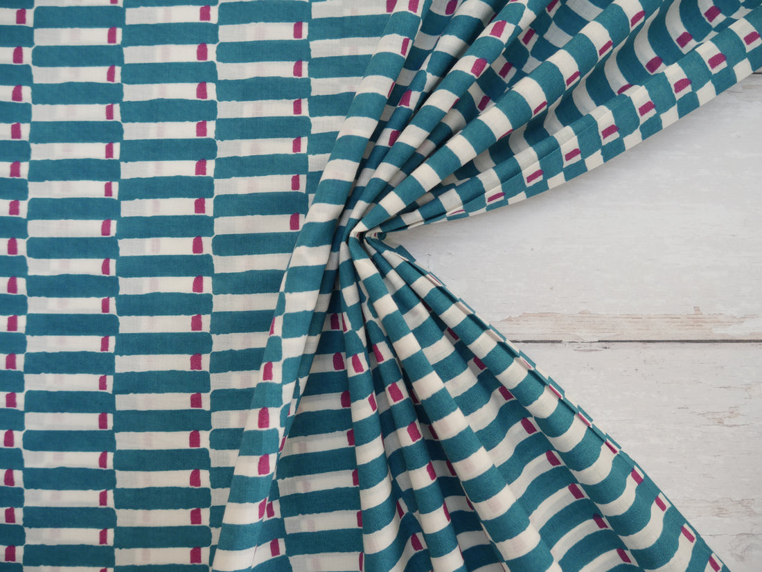 Handcrafted Cotton Block Printed Fabric - Tiles in Aubergine-Cotton Fabric-Flying Bobbins Haberdashery