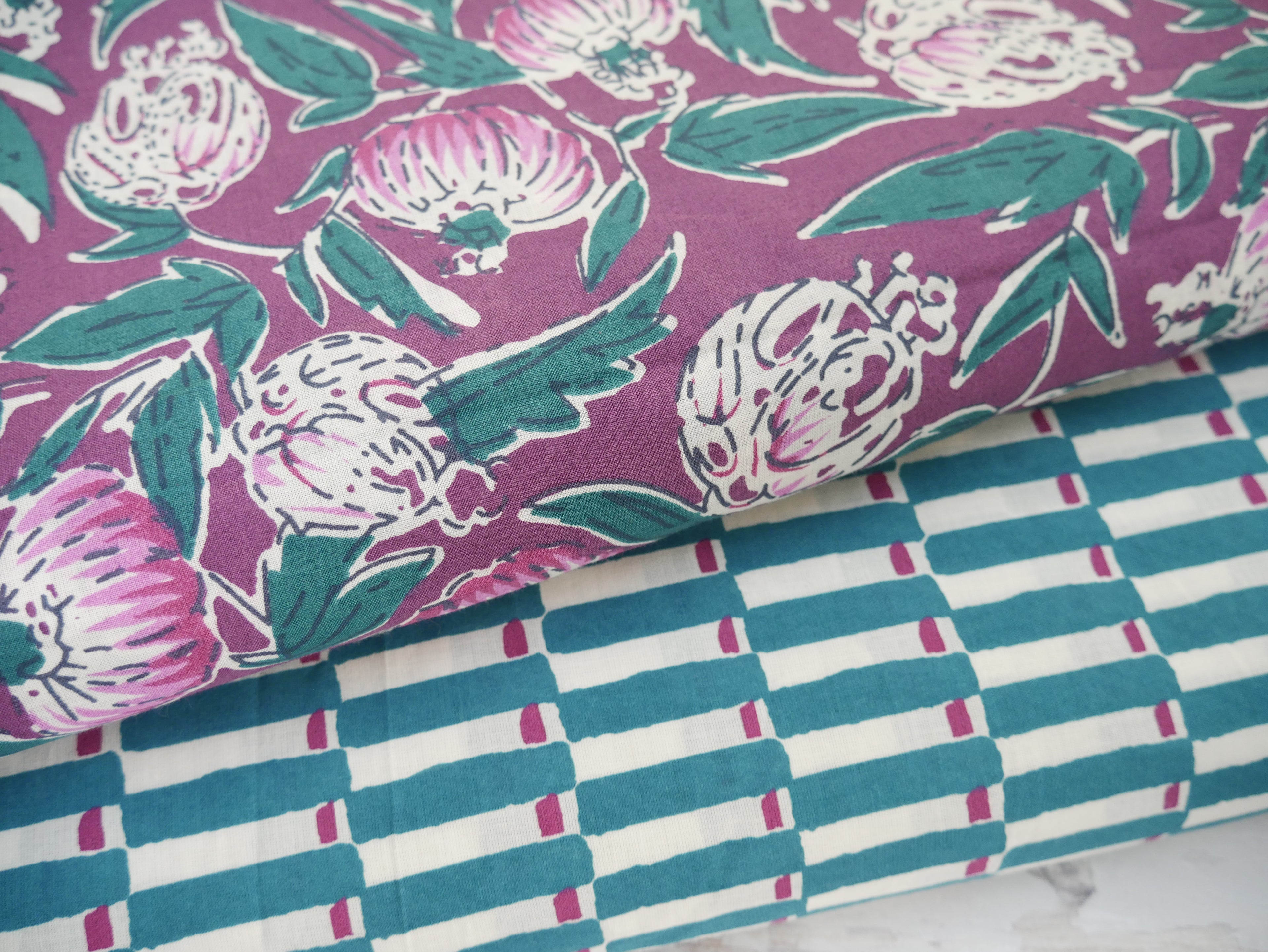 Handcrafted Cotton Block Printed Fabric - Tiles in Aubergine-Cotton Fabric-Flying Bobbins Haberdashery