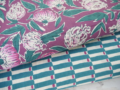 Handcrafted Cotton Block Printed Fabric - Tiles in Aubergine-Cotton Fabric-Flying Bobbins Haberdashery