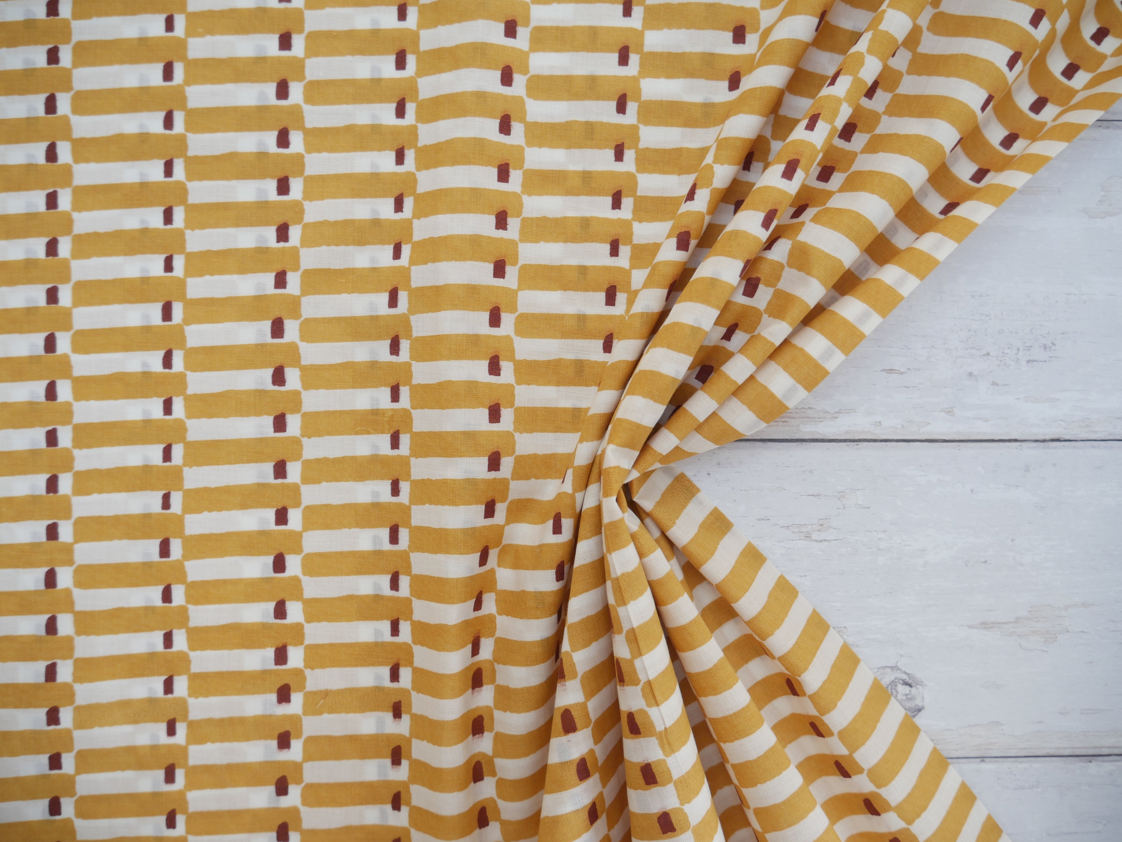 Handcrafted Cotton Block Printed Fabric - Tiles in Yellow-Cotton Fabric-Flying Bobbins Haberdashery