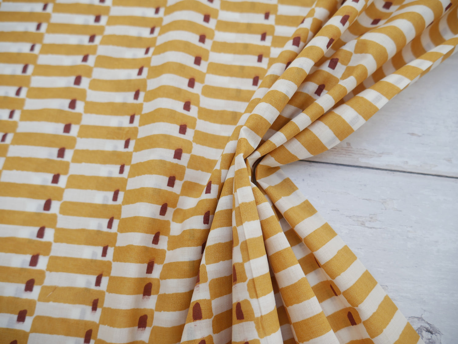 Handcrafted Cotton Block Printed Fabric - Tiles in Yellow-Cotton Fabric-Flying Bobbins Haberdashery