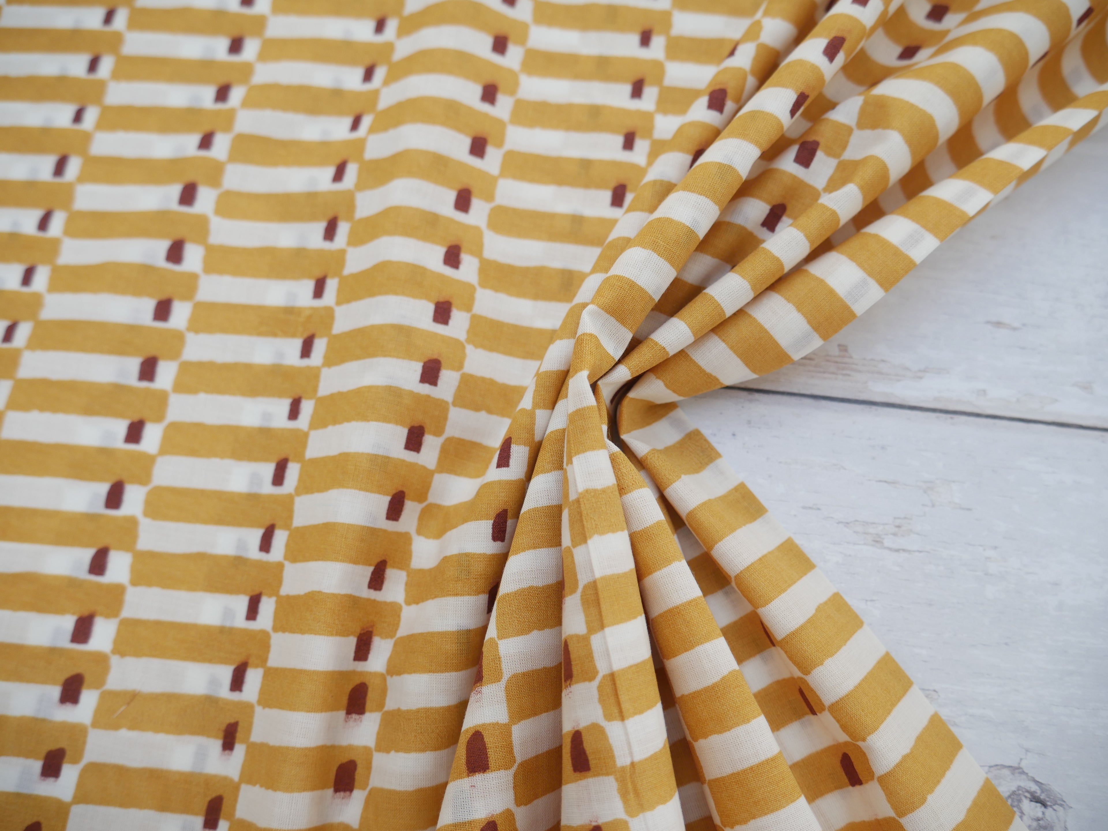 Handcrafted Cotton Block Printed Fabric - Tiles in Yellow-Cotton Fabric-Flying Bobbins Haberdashery
