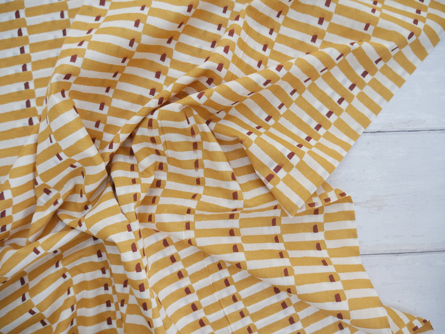 Handcrafted Cotton Block Printed Fabric - Tiles in Yellow-Cotton Fabric-Flying Bobbins Haberdashery