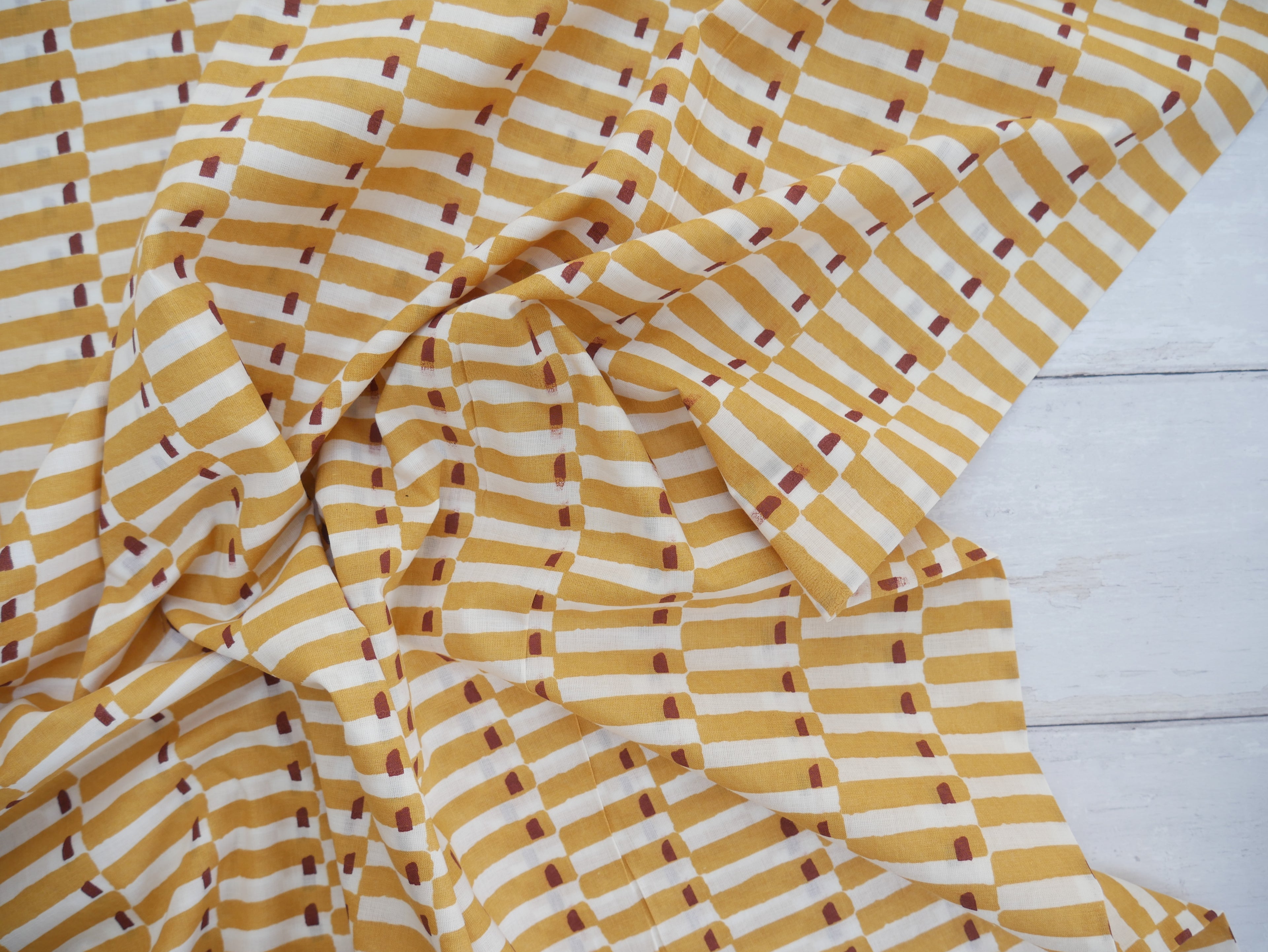 Handcrafted Cotton Block Printed Fabric - Tiles in Yellow-Cotton Fabric-Flying Bobbins Haberdashery