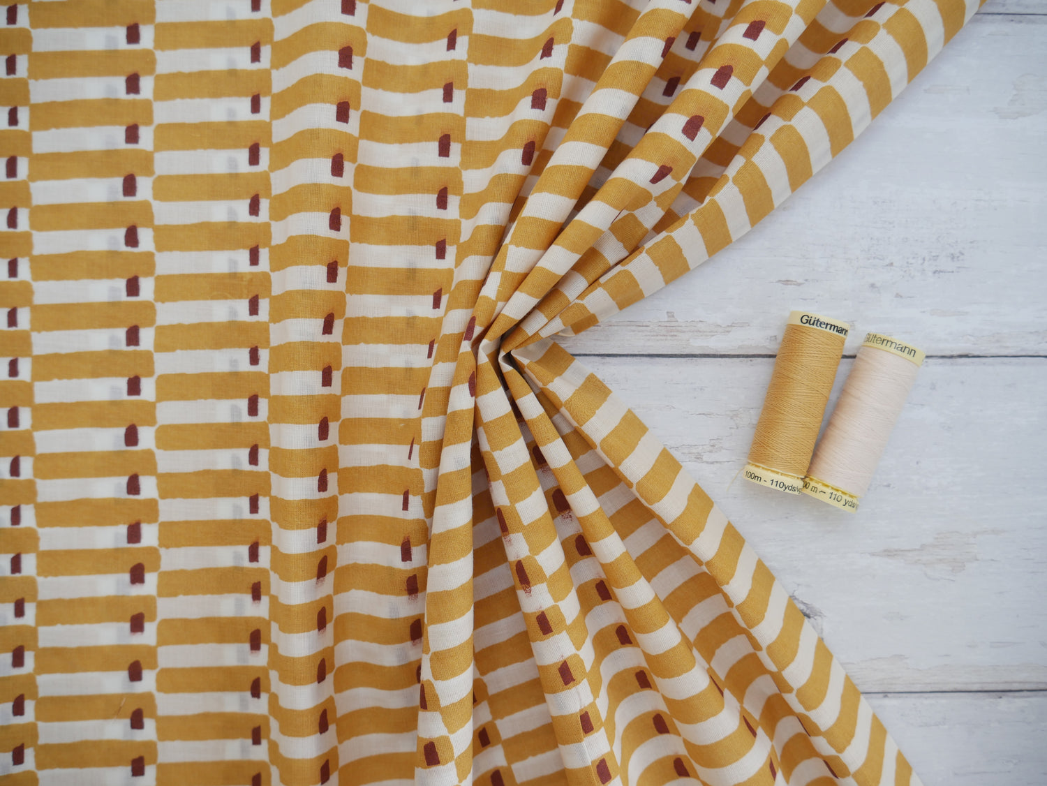 Handcrafted Cotton Block Printed Fabric - Tiles in Yellow-Cotton Fabric-Flying Bobbins Haberdashery
