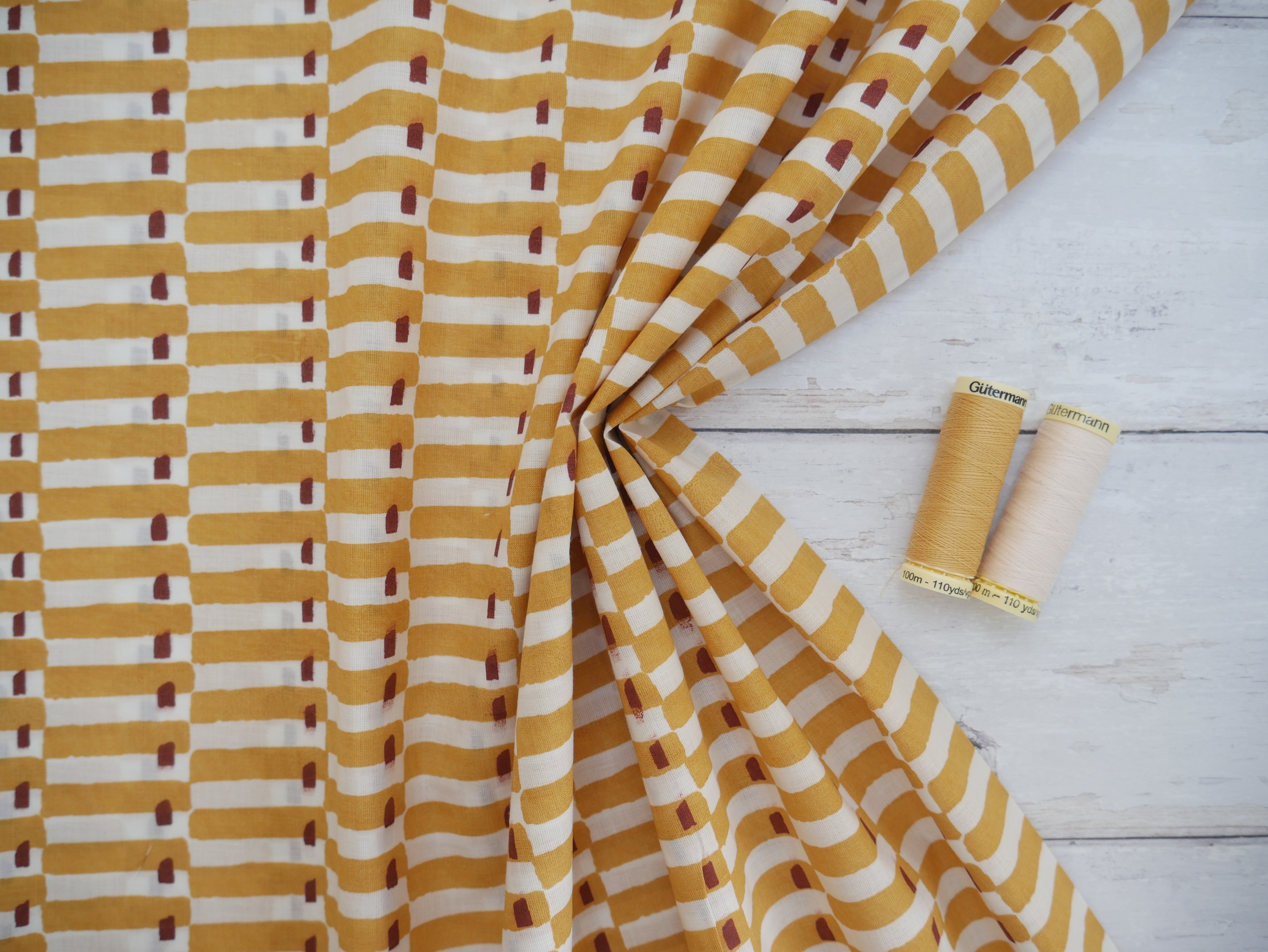 Handcrafted Cotton Block Printed Fabric - Tiles in Yellow-Cotton Fabric-Flying Bobbins Haberdashery
