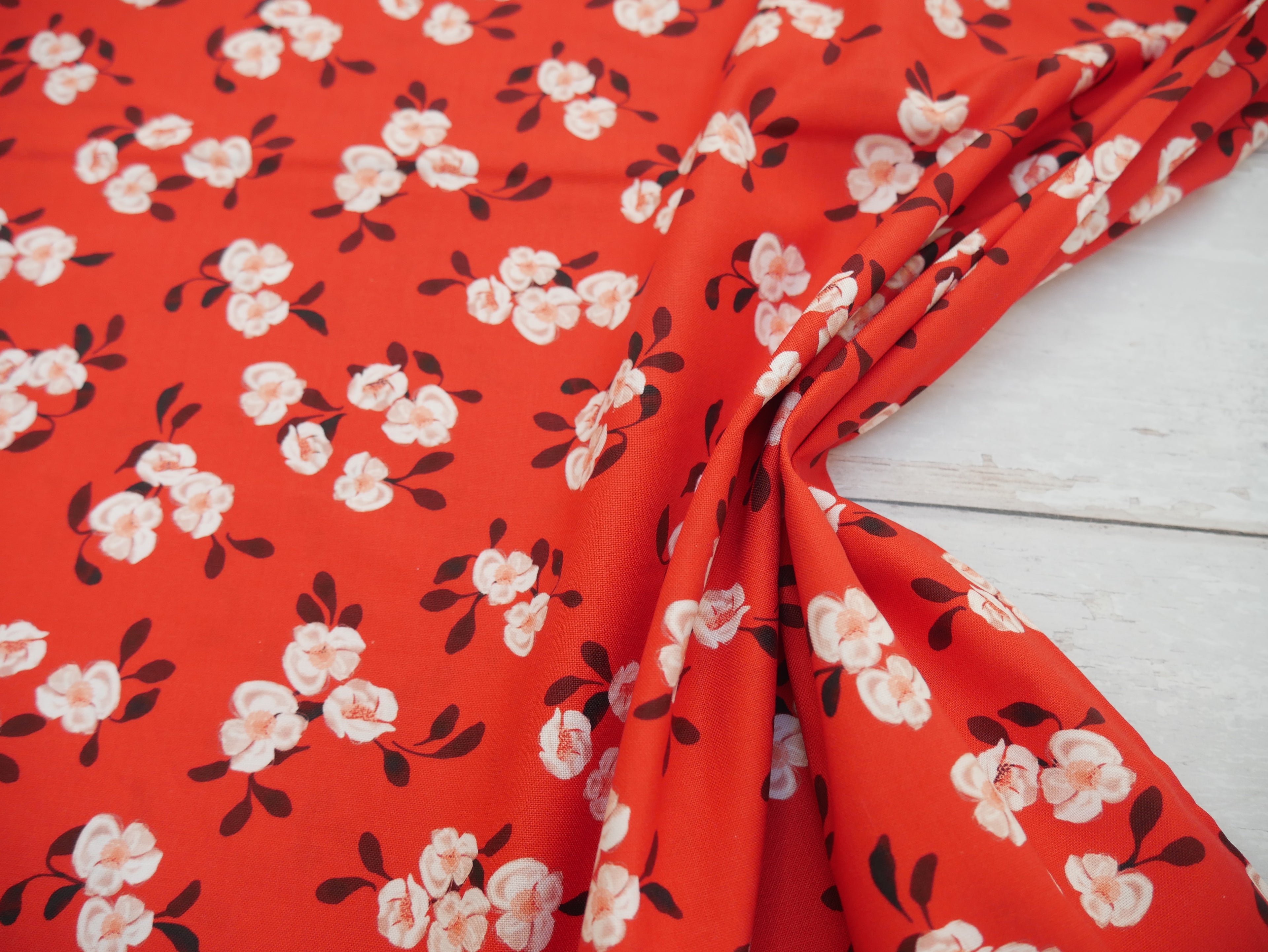 Blooms &amp; Bows Printed Cotton by Camelot - Scattered Florals in Red-Cotton Fabric-Flying Bobbins Haberdashery