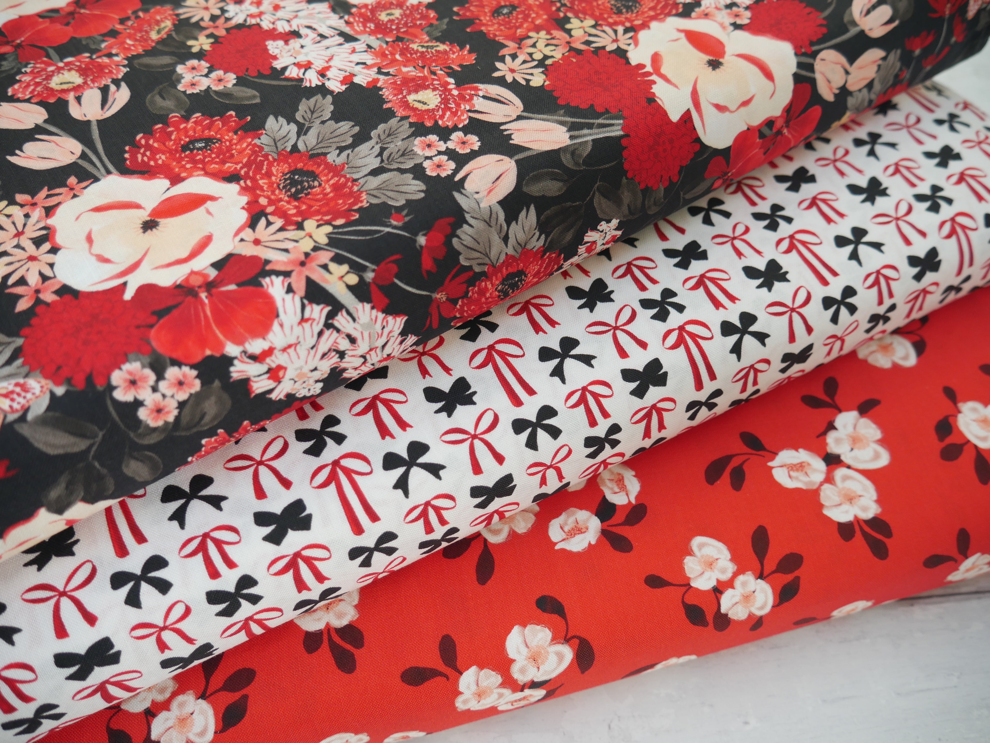 Blooms &amp; Bows Printed Cotton by Camelot - Scattered Florals in Red-Cotton Fabric-Flying Bobbins Haberdashery