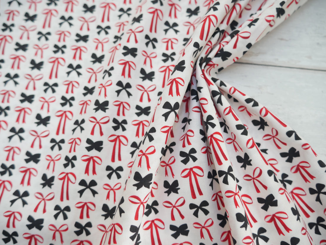 Blooms &amp; Bows Printed Cotton by Camelot - Sweetheart Bows in Cream-Cotton Fabric-Flying Bobbins Haberdashery