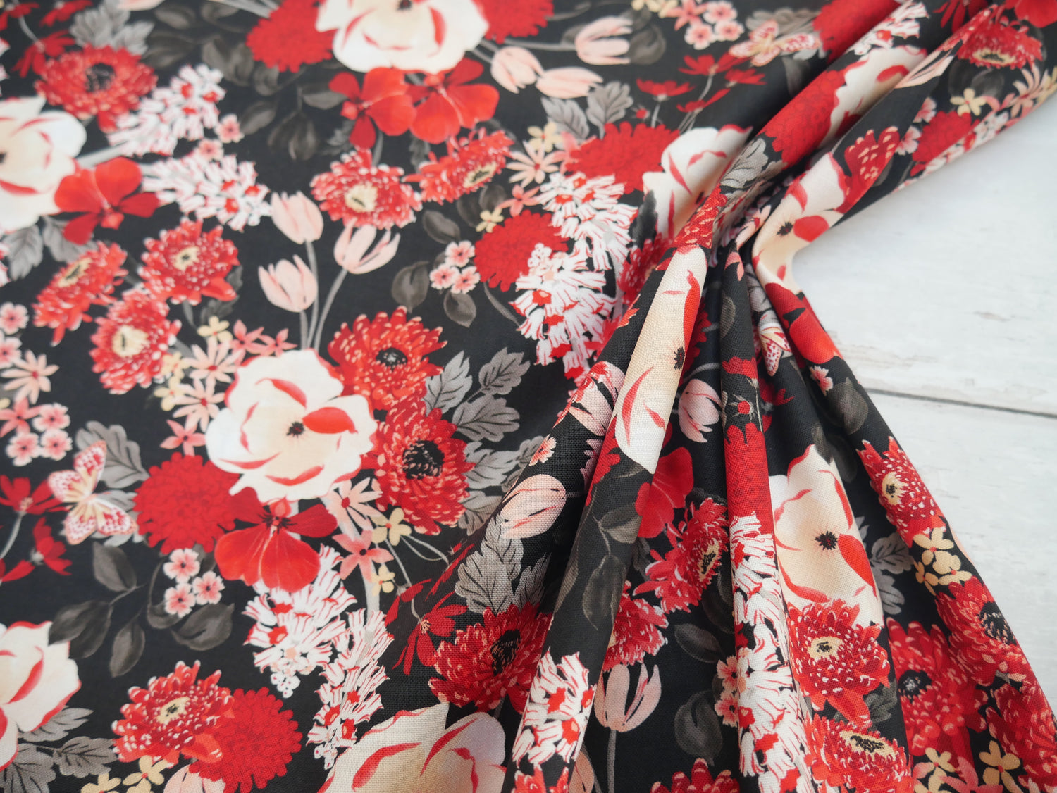 Blooms &amp; Bows Printed Cotton by Camelot - Flourishing Blooms in Black-Cotton Fabric-Flying Bobbins Haberdashery