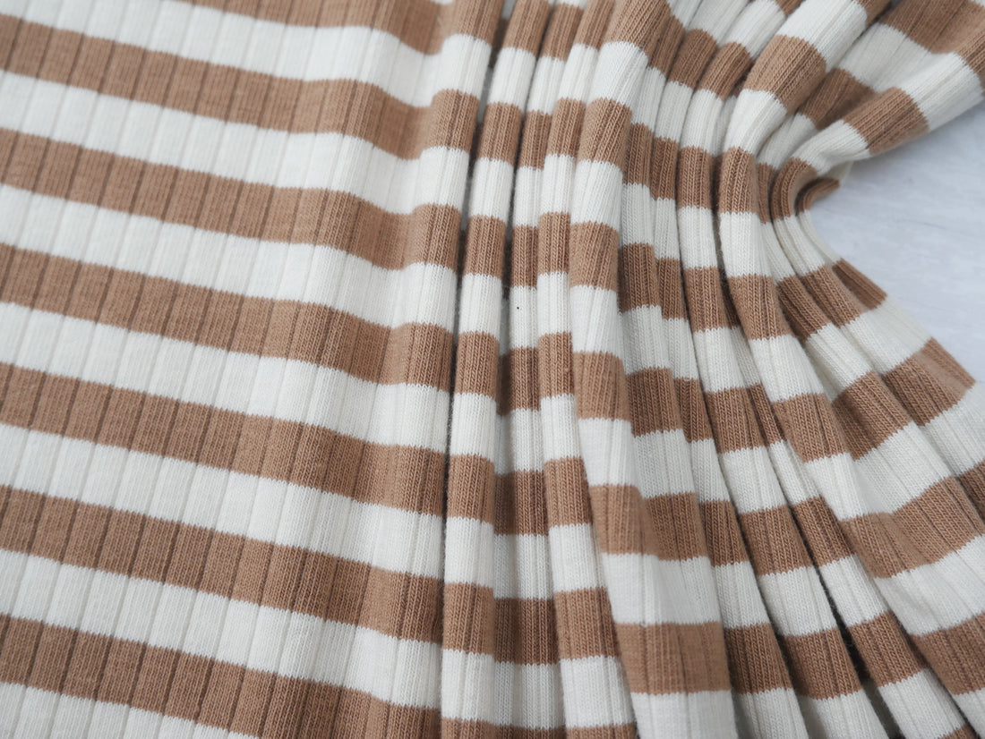 Yarn Dyed Rib Jersey in Tan-Cotton Fabric-Flying Bobbins Haberdashery