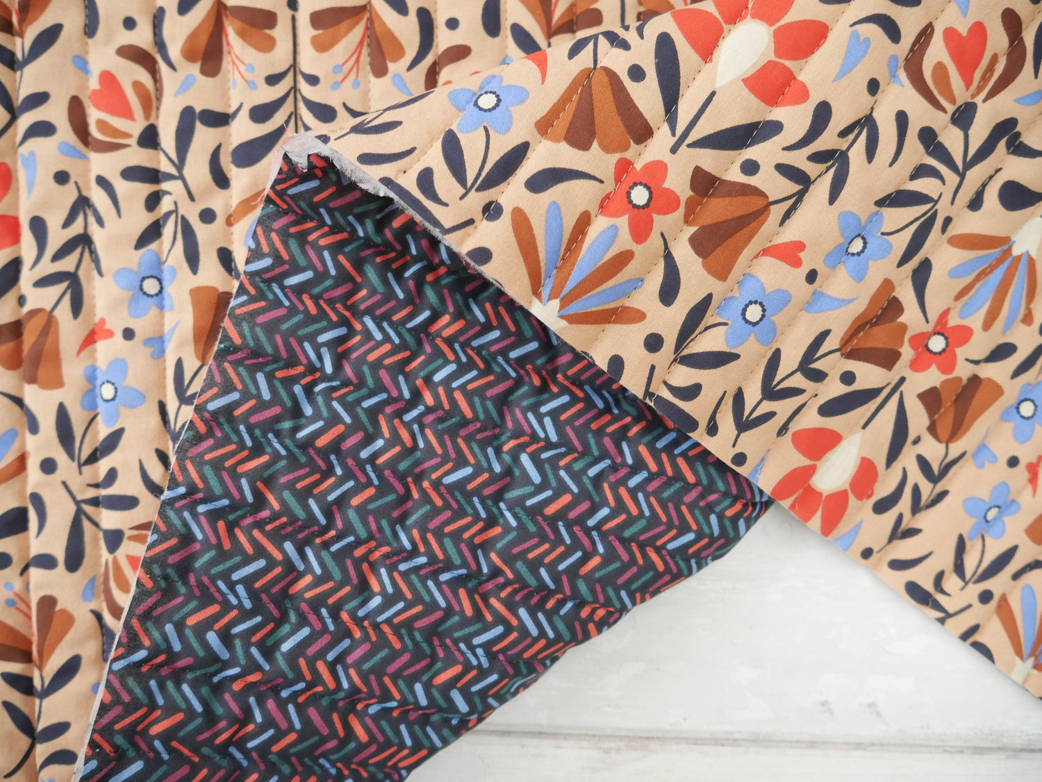 French Reversible Quilted Cotton in Lafleur Print-Viscose Challis-Flying Bobbins Haberdashery
