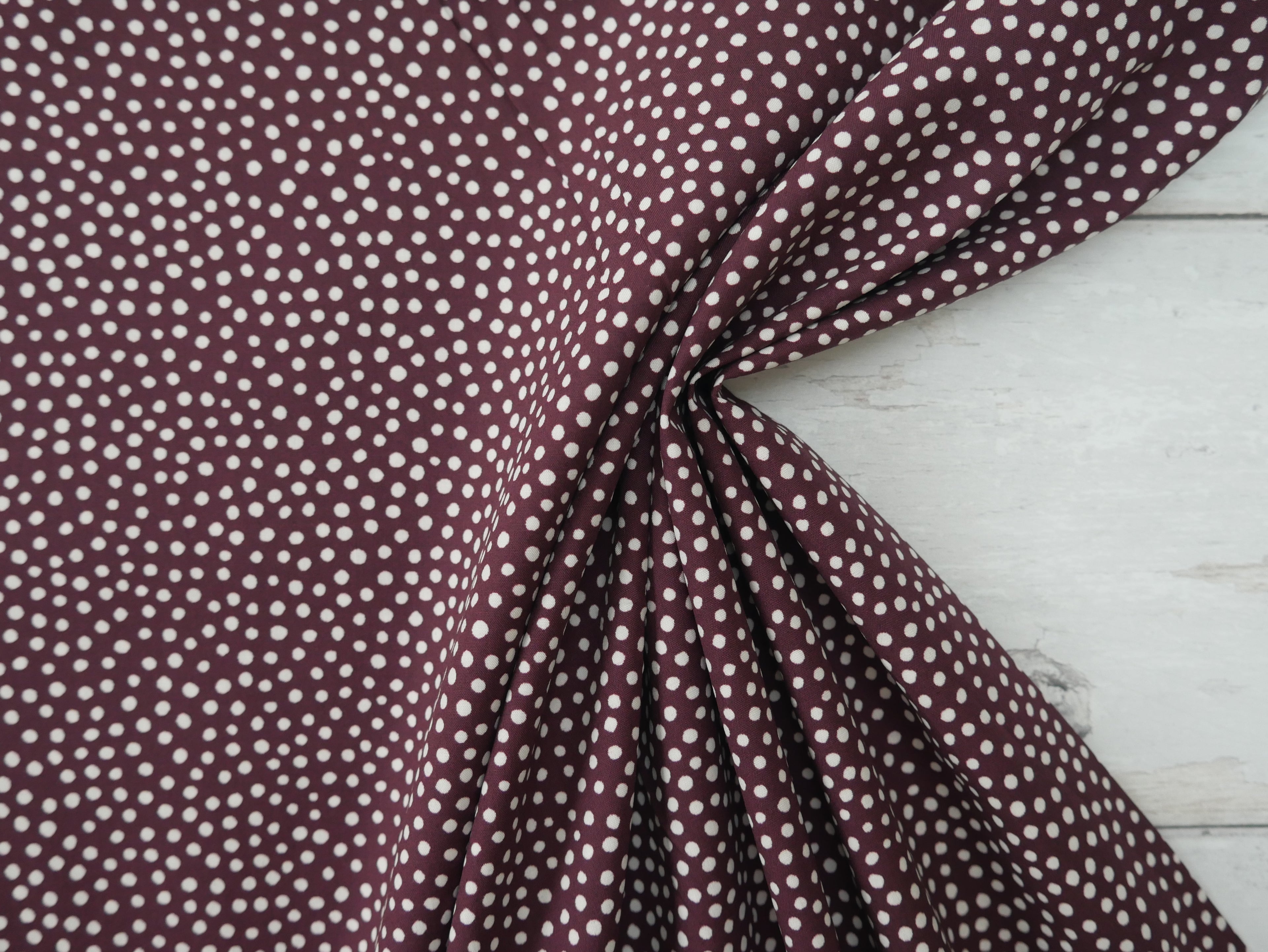 Lady McElroy Dotty About Dots Cotton Lawn in Claret-Viscose Challis-Flying Bobbins Haberdashery