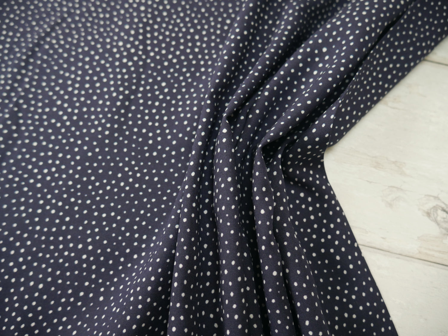 Lady McElroy Raining Dots Viscose Challis Lawn in Navy-Viscose Challis-Flying Bobbins Haberdashery