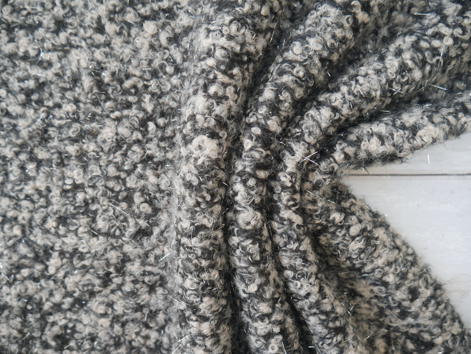 Bouclé Lurex Coat Fabric in Salt &amp; Pepper, £16.50 p/m-Fabric-Flying Bobbins Haberdashery