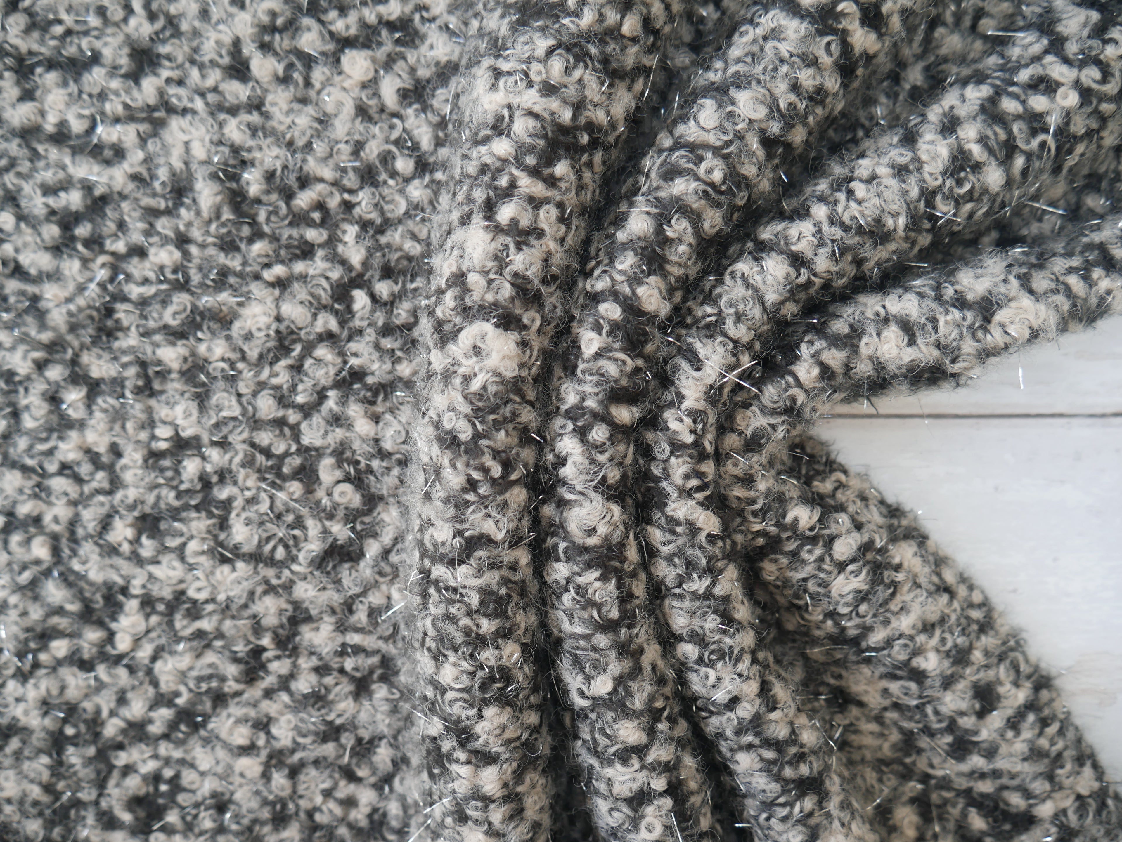 Bouclé Lurex Coat Fabric in Salt &amp; Pepper, £16.50 p/m-Fabric-Flying Bobbins Haberdashery