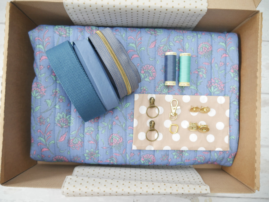 Bella Quilted Bag Kit - Floral Quilted Cotton in Blue &amp; Mint-Sewing Kit-Flying Bobbins Haberdashery