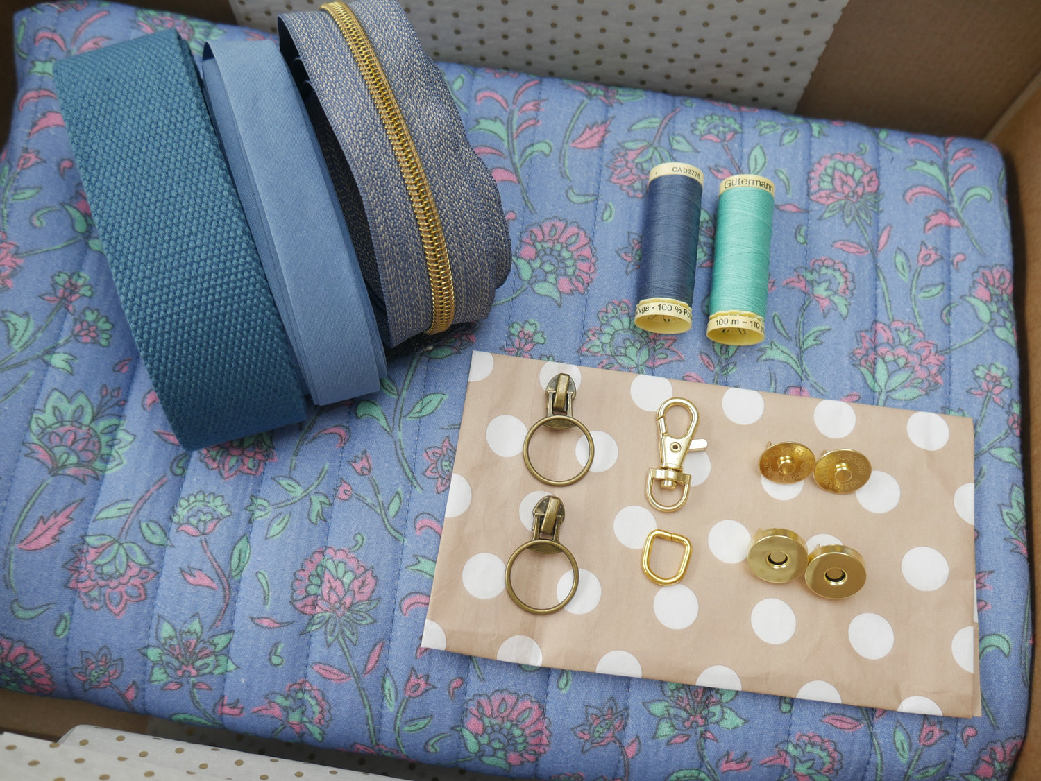 Bella Quilted Bag Kit - Floral Quilted Cotton in Blue &amp; Mint-Sewing Kit-Flying Bobbins Haberdashery