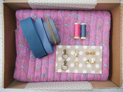 Bella Quilted Bag Kit - Floral Quilted Cotton in Pink &amp; Blue-Sewing Kit-Flying Bobbins Haberdashery