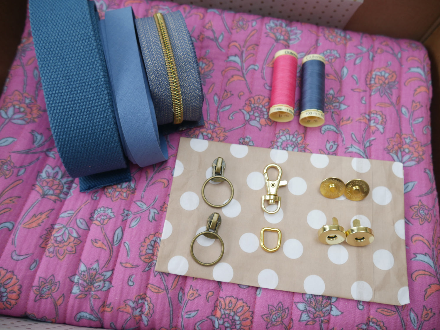 Bella Quilted Bag Kit - Floral Quilted Cotton in Pink &amp; Blue-Sewing Kit-Flying Bobbins Haberdashery