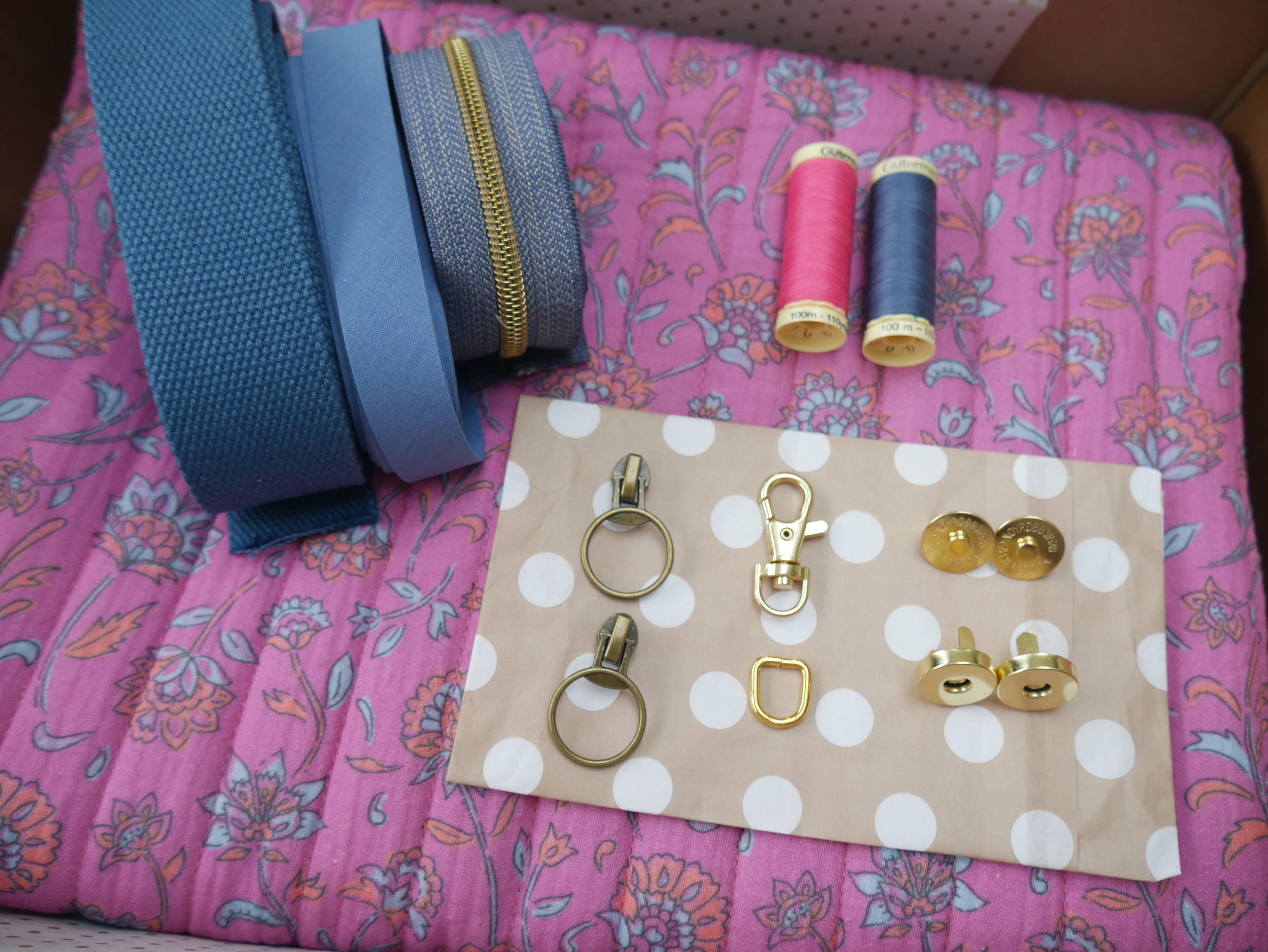 Bella Quilted Bag Kit - Floral Quilted Cotton in Pink &amp; Blue-Sewing Kit-Flying Bobbins Haberdashery