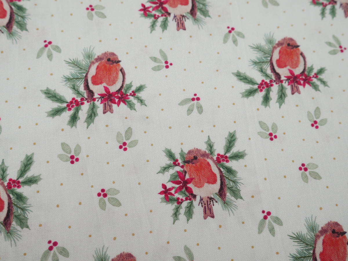 Merry Little Robin Printed Cotton, Redbreast, £7.80 p/m-Cotton Fabric-Flying Bobbins Haberdashery