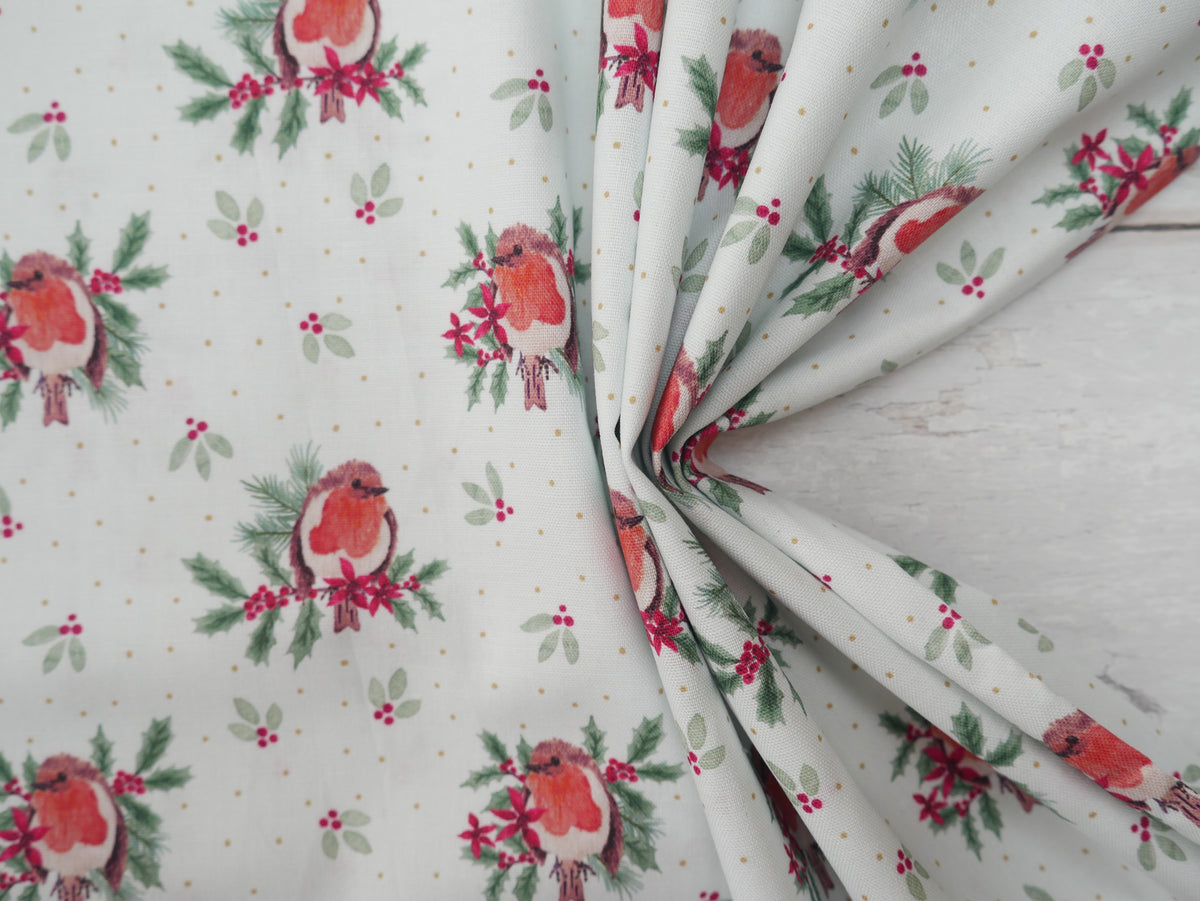 Merry Little Robin Printed Cotton, Redbreast, £7.80 p/m-Cotton Fabric-Flying Bobbins Haberdashery