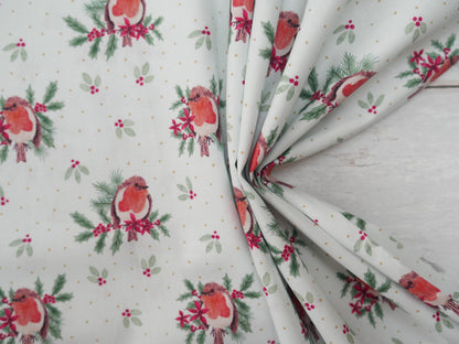 Merry Little Robin Printed Cotton, Redbreast, £7.80 p/m-Cotton Fabric-Flying Bobbins Haberdashery
