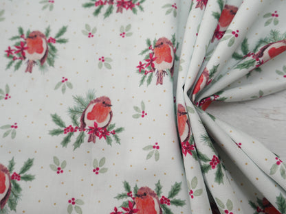 Merry Little Robin Printed Cotton, Redbreast, £7.80 p/m-Cotton Fabric-Flying Bobbins Haberdashery