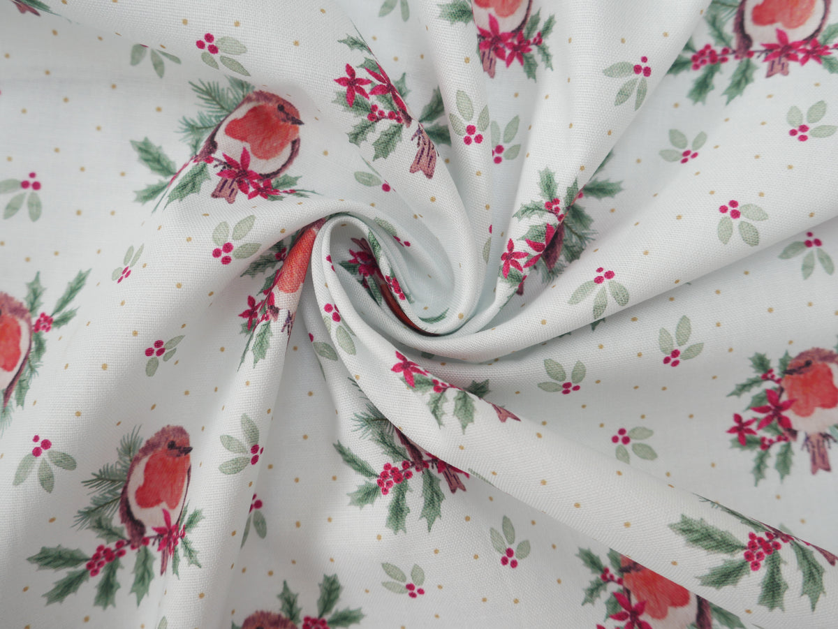 Merry Little Robin Printed Cotton, Redbreast, £7.80 p/m-Cotton Fabric-Flying Bobbins Haberdashery
