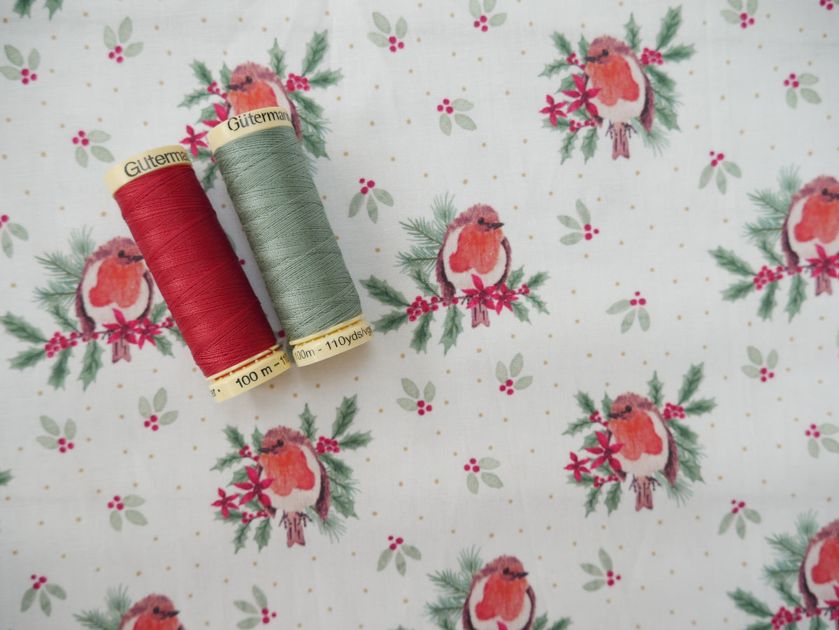 Merry Little Robin Printed Cotton, Redbreast, £7.80 p/m-Cotton Fabric-Flying Bobbins Haberdashery