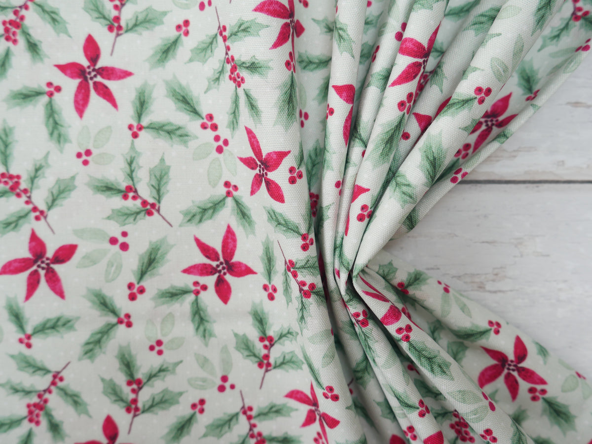 Merry Little Robin Printed Cotton, Sage Foliage, £7.80 p/m-Cotton Fabric-Flying Bobbins Haberdashery
