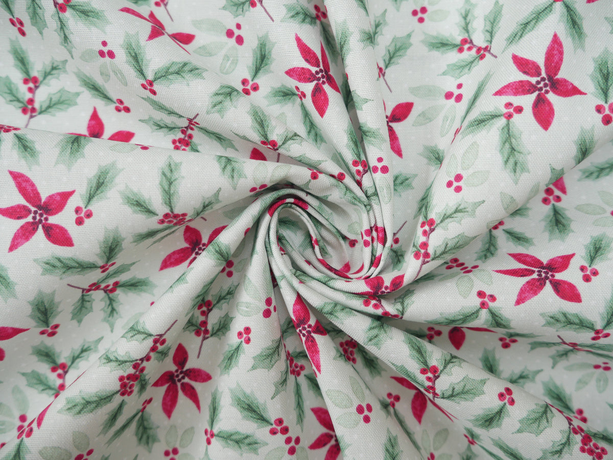 Merry Little Robin Printed Cotton, Sage Foliage, £7.80 p/m-Cotton Fabric-Flying Bobbins Haberdashery