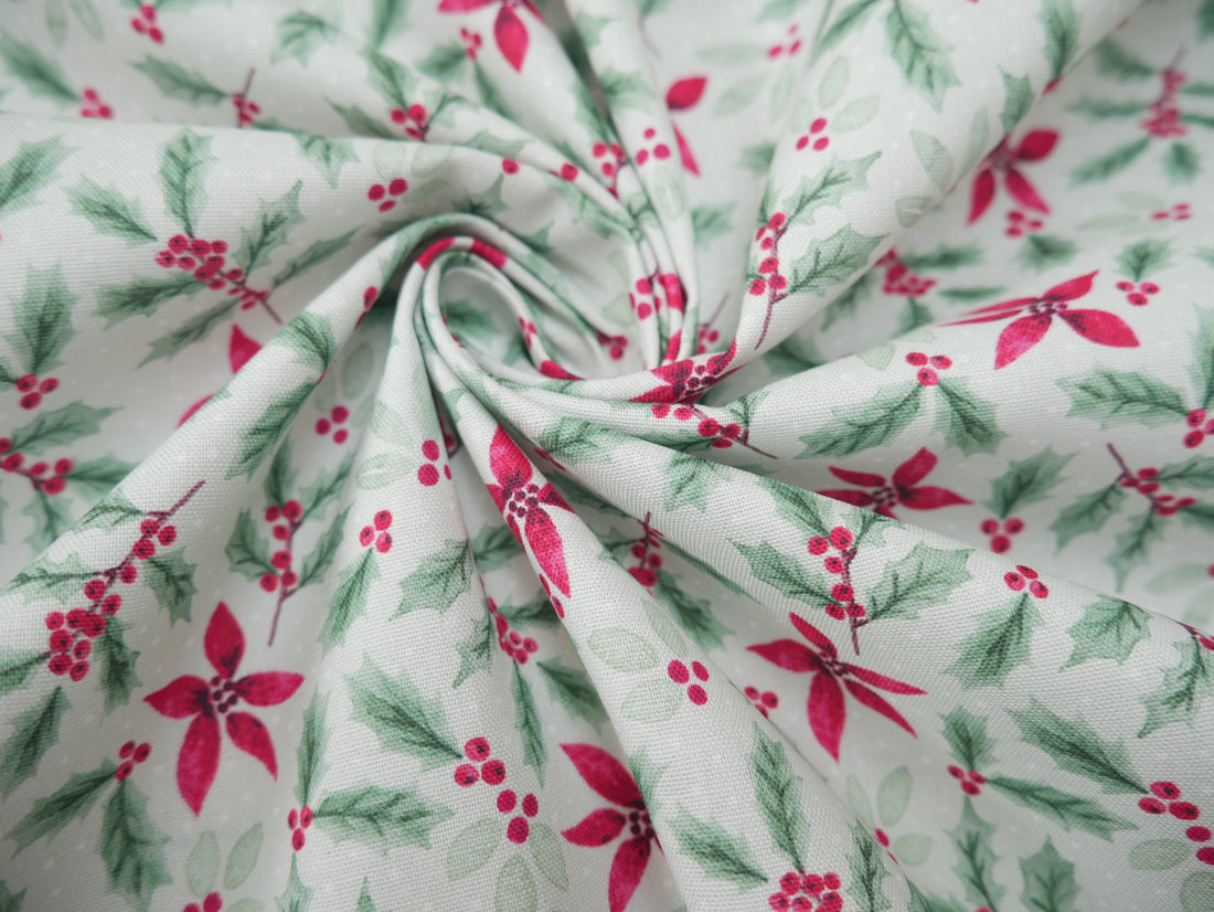 Merry Little Robin Printed Cotton, Sage Foliage, £7.80 p/m-Cotton Fabric-Flying Bobbins Haberdashery