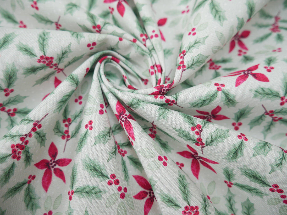 Merry Little Robin Printed Cotton, Sage Foliage, £7.80 p/m-Cotton Fabric-Flying Bobbins Haberdashery