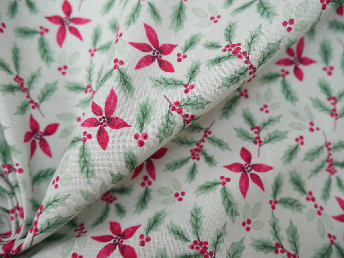 Merry Little Robin Printed Cotton, Sage Foliage, £7.80 p/m-Cotton Fabric-Flying Bobbins Haberdashery