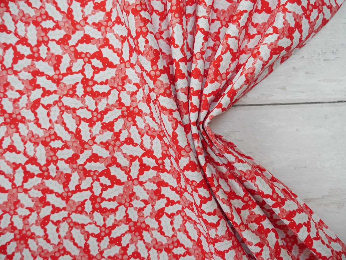 Baubles &amp; Bows Printed Cotton, Festive Holly, £7.80 p/m-Cotton Fabric-Flying Bobbins Haberdashery