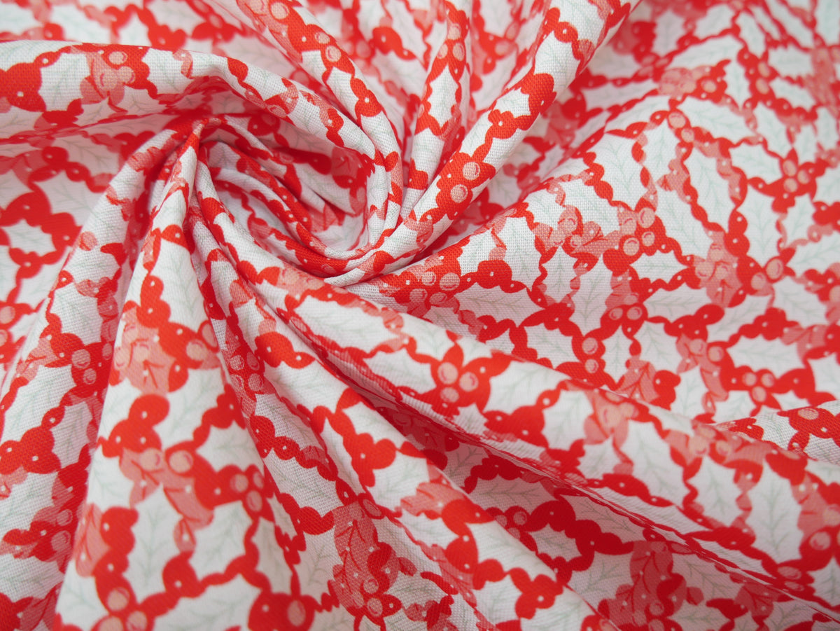 Baubles &amp; Bows Printed Cotton, Festive Holly, £7.80 p/m-Cotton Fabric-Flying Bobbins Haberdashery