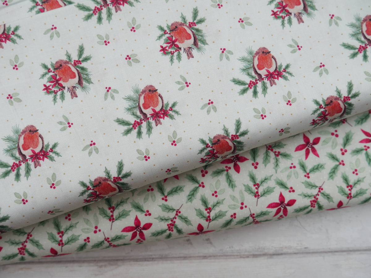 Merry Little Robin Printed Cotton, Redbreast, £7.80 p/m-Cotton Fabric-Flying Bobbins Haberdashery