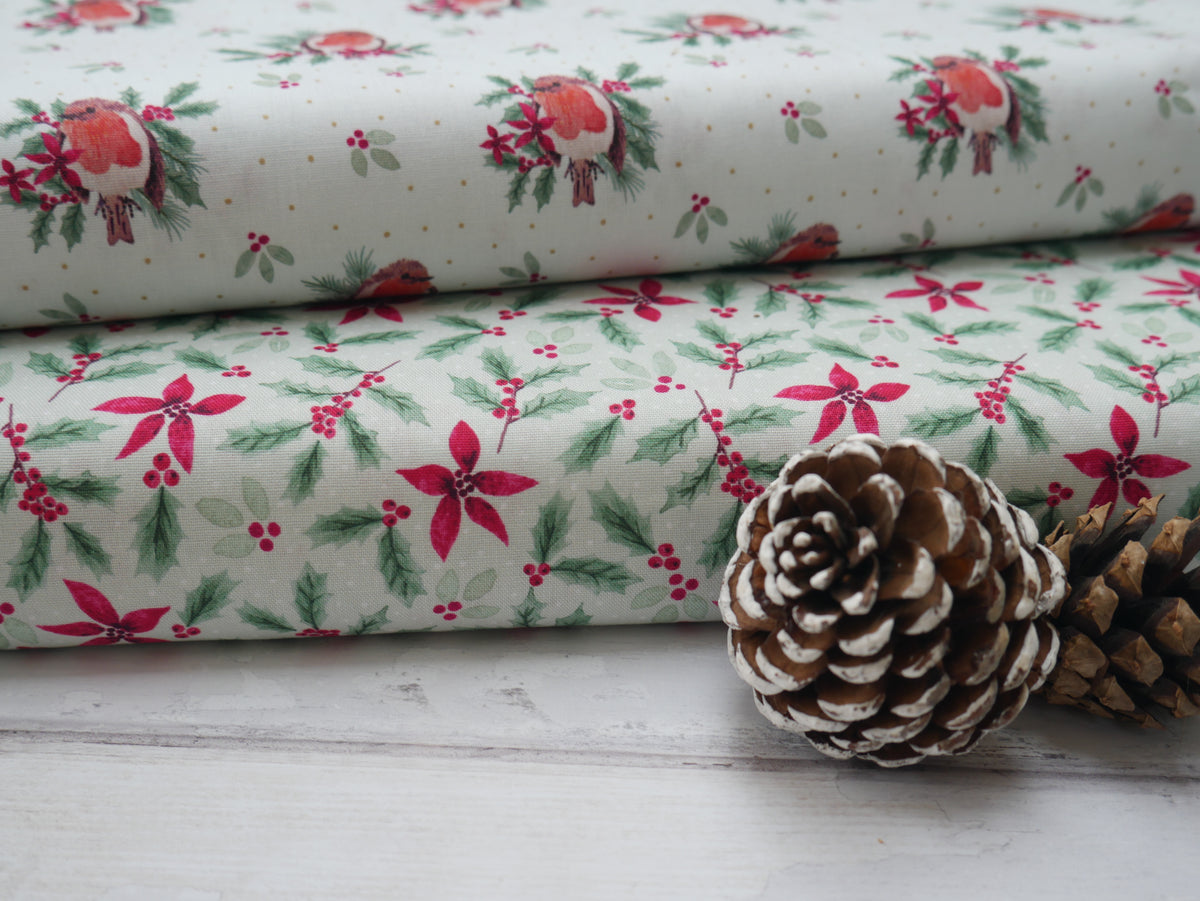 Merry Little Robin Printed Cotton, Redbreast, £7.80 p/m-Cotton Fabric-Flying Bobbins Haberdashery