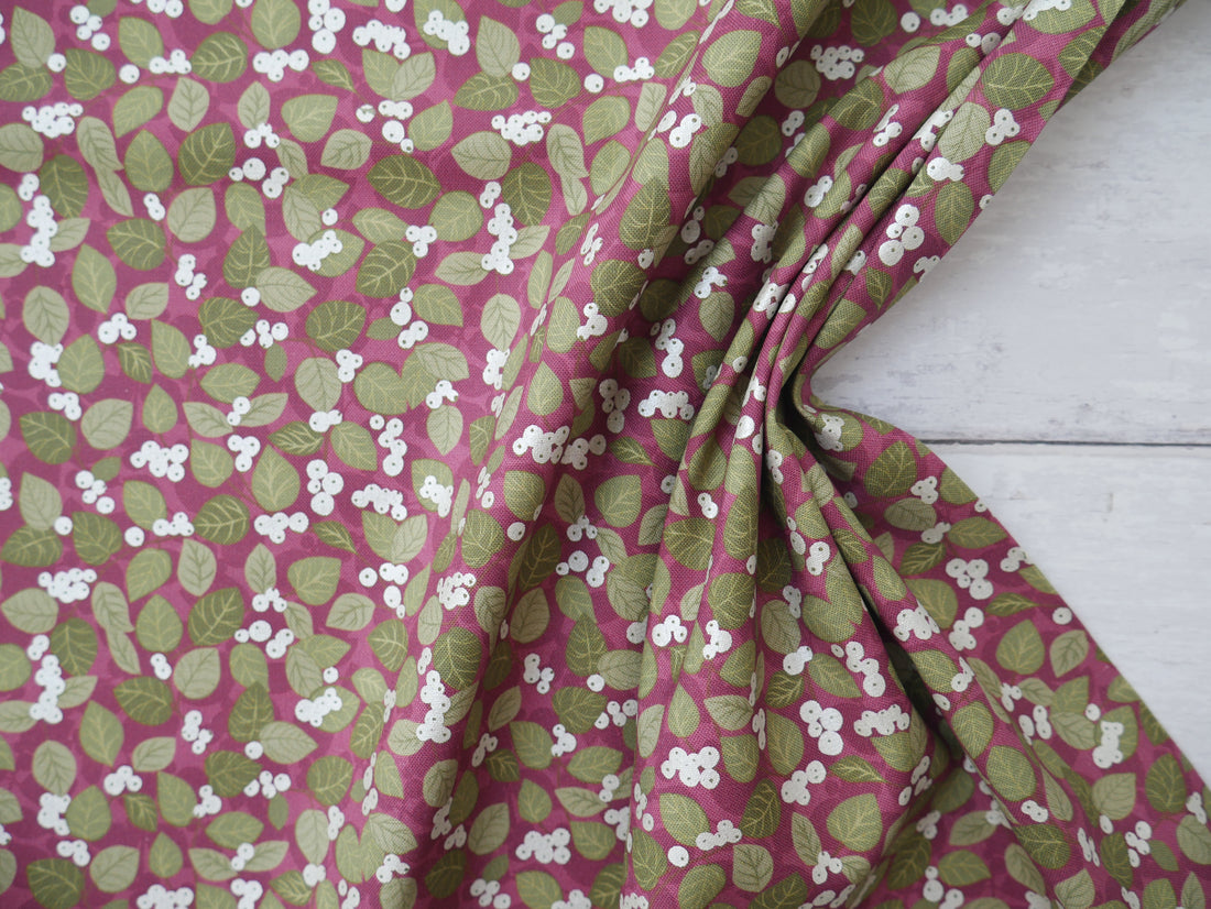 Lewis &amp; Irene Winter Botanicals, Snowberry on Dark Red-Cotton Fabric-Flying Bobbins Haberdashery