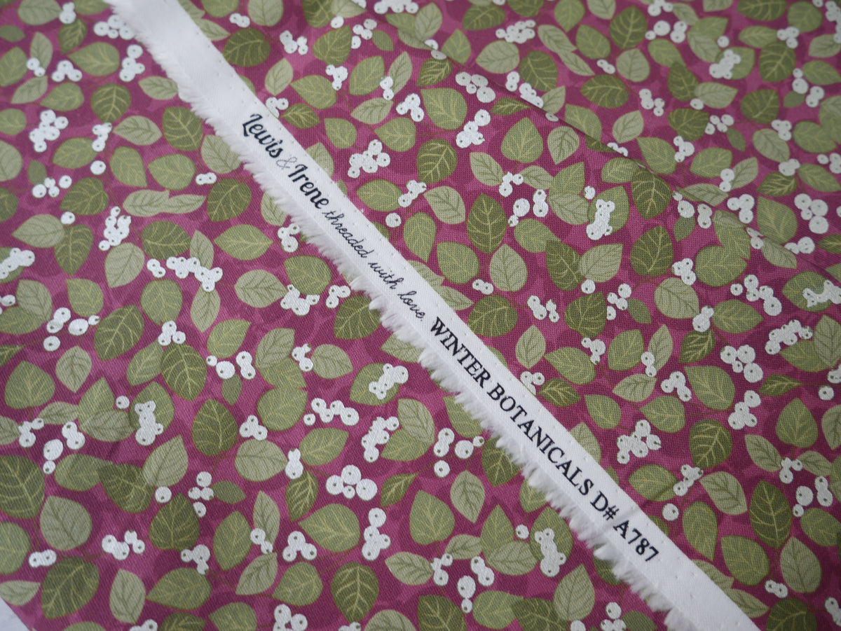 Lewis &amp; Irene Winter Botanicals, Snowberry on Dark Red-Cotton Fabric-Flying Bobbins Haberdashery