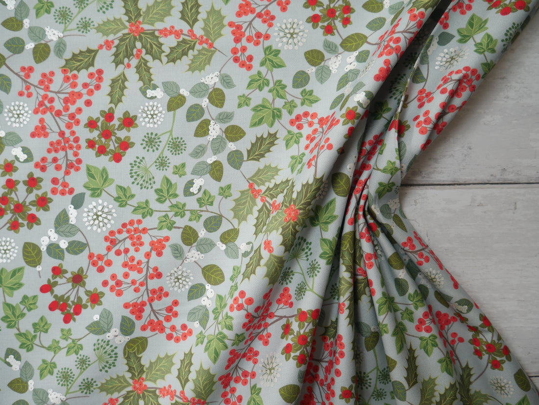Lewis &amp; Irene Winter Botanicals, Holly &amp; Ivy in Blue Pearl-Cotton Fabric-Flying Bobbins Haberdashery