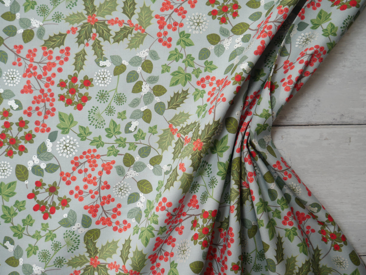 Lewis &amp; Irene Winter Botanicals, Holly &amp; Ivy in Blue Pearl-Cotton Fabric-Flying Bobbins Haberdashery