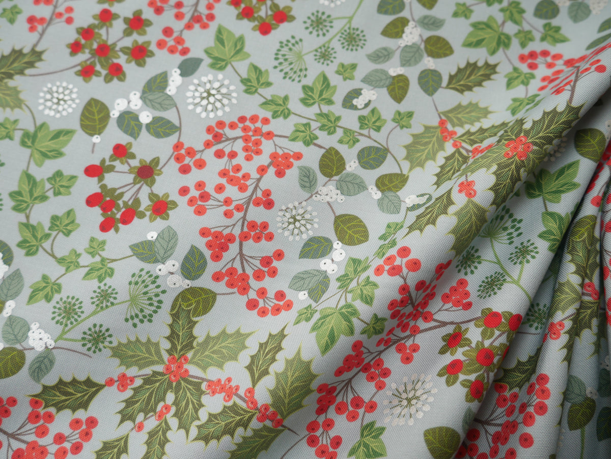 Lewis &amp; Irene Winter Botanicals, Holly &amp; Ivy in Blue Pearl-Cotton Fabric-Flying Bobbins Haberdashery