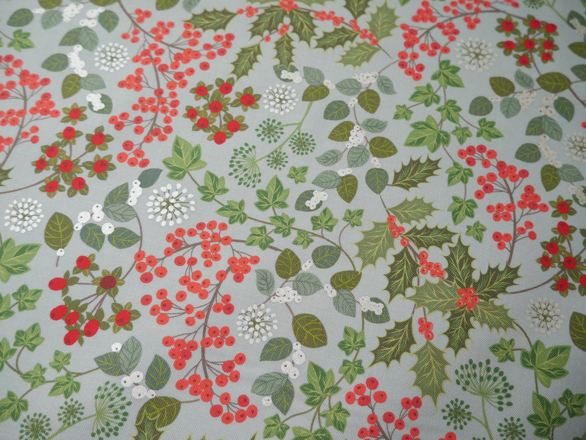 Lewis &amp; Irene Winter Botanicals, Holly &amp; Ivy in Blue Pearl-Cotton Fabric-Flying Bobbins Haberdashery