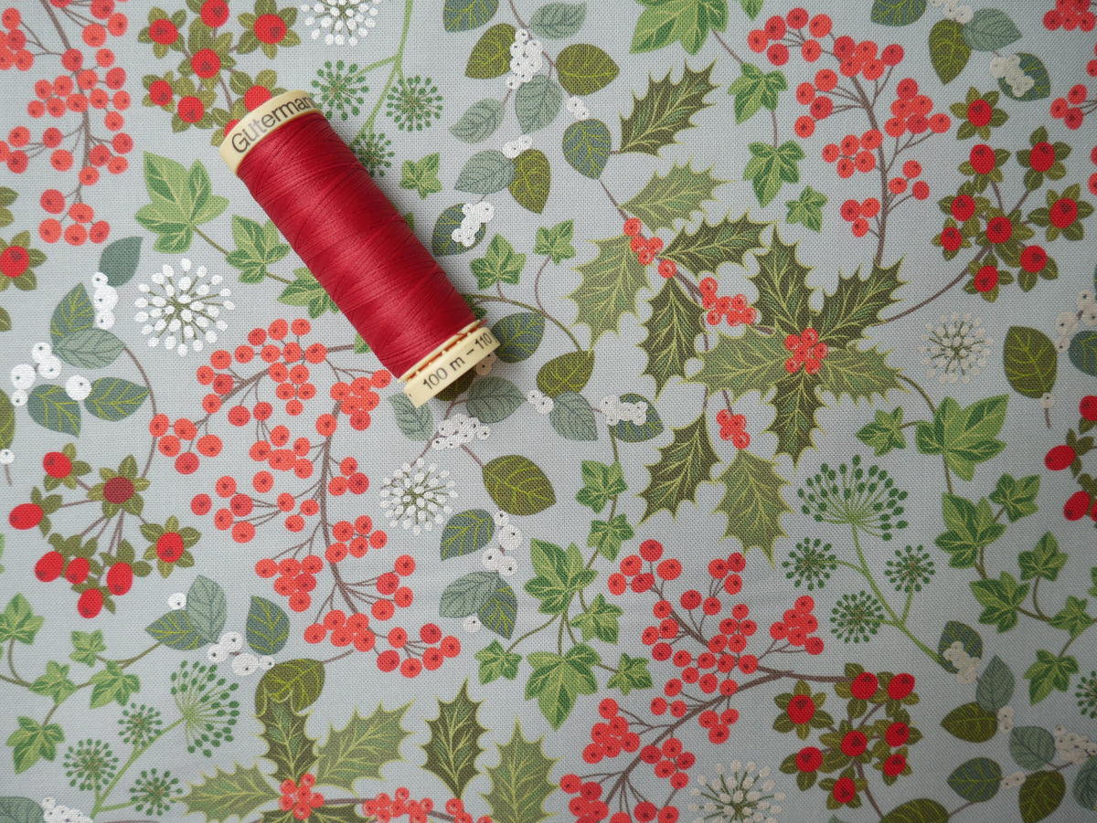 Lewis &amp; Irene Winter Botanicals, Holly &amp; Ivy in Blue Pearl-Cotton Fabric-Flying Bobbins Haberdashery