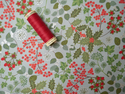 Lewis &amp; Irene Winter Botanicals, Holly &amp; Ivy in Blue Pearl-Cotton Fabric-Flying Bobbins Haberdashery