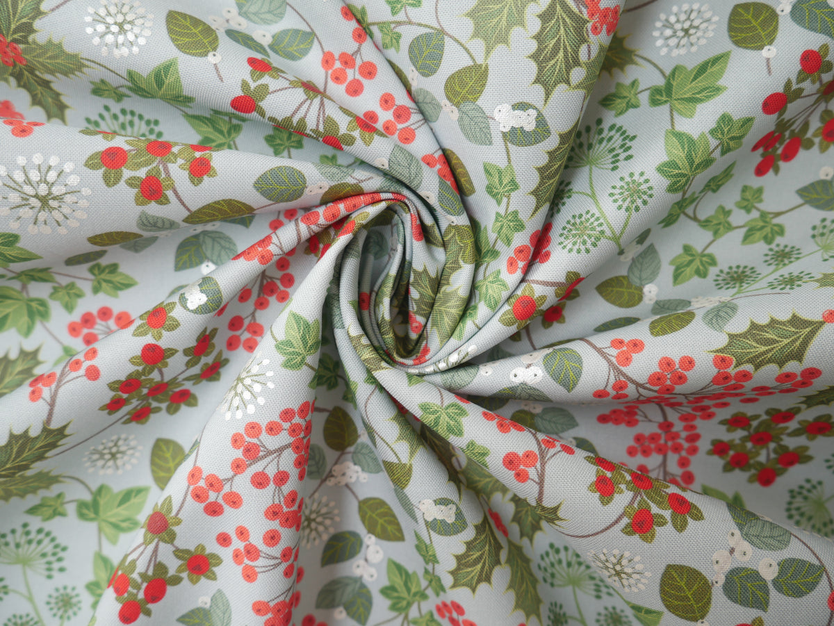 Lewis &amp; Irene Winter Botanicals, Holly &amp; Ivy in Blue Pearl-Cotton Fabric-Flying Bobbins Haberdashery